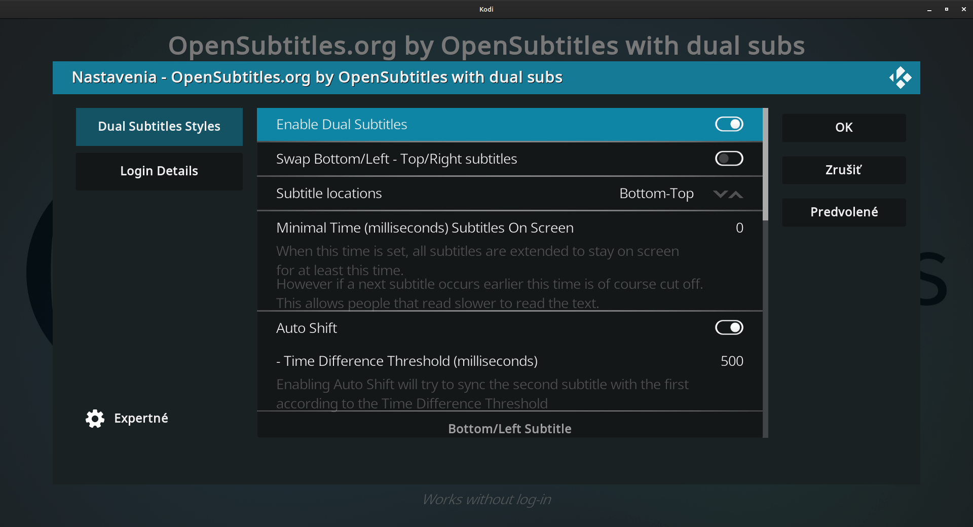 OpenSubtitles org by OpenSubtitles - Nastavenia doplnku